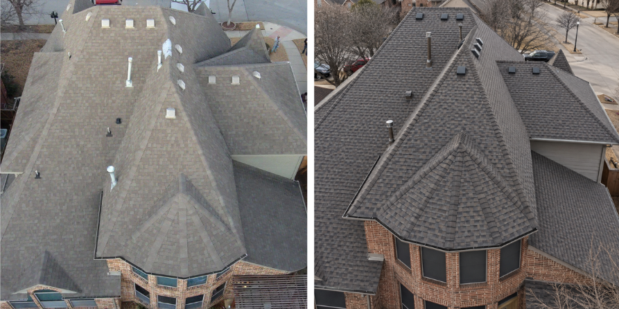 Before and after roof replacement in Keller TX: old worn roof on the left and the new roof installed by American National Roofing on the right
